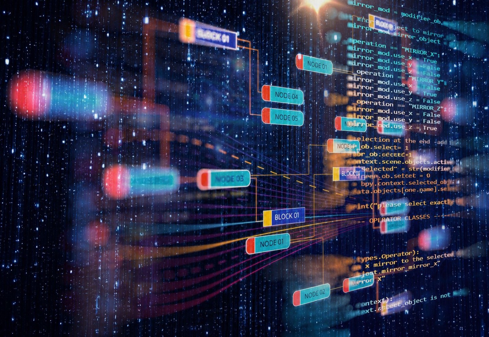 Code and node-based data workflow on a screen